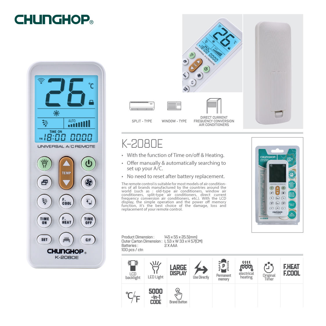 Generic CHUNGHOP Telecomando Universale Per Climatizzatori K-2080E