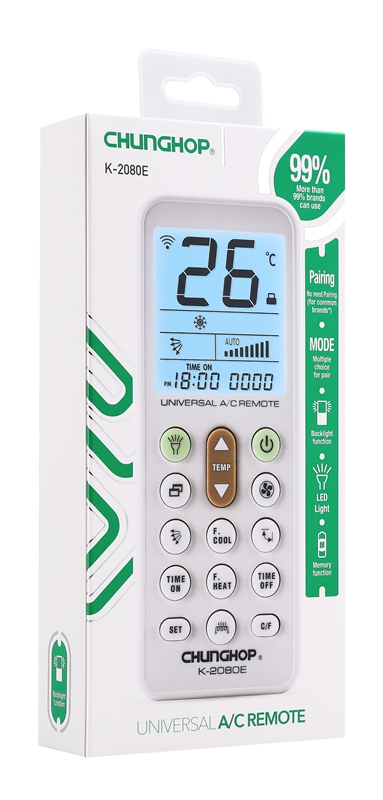 K-2080E-Universal Air Conditioner Remote Control with large display, LCD  backlight, Torch- CHUNGHOP.COM